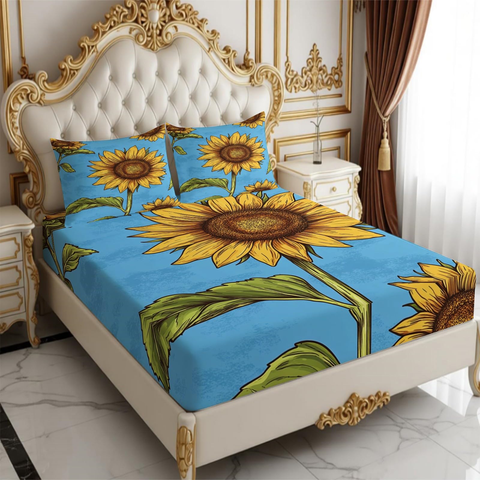 Lenzuolo con Angoli 180 x 200 cm Microfibra Girasoli dipinti a mano Lenzuolo Sotto Elasticizzato Profondo 25 cm giallo per Singolo e Matrimoniale