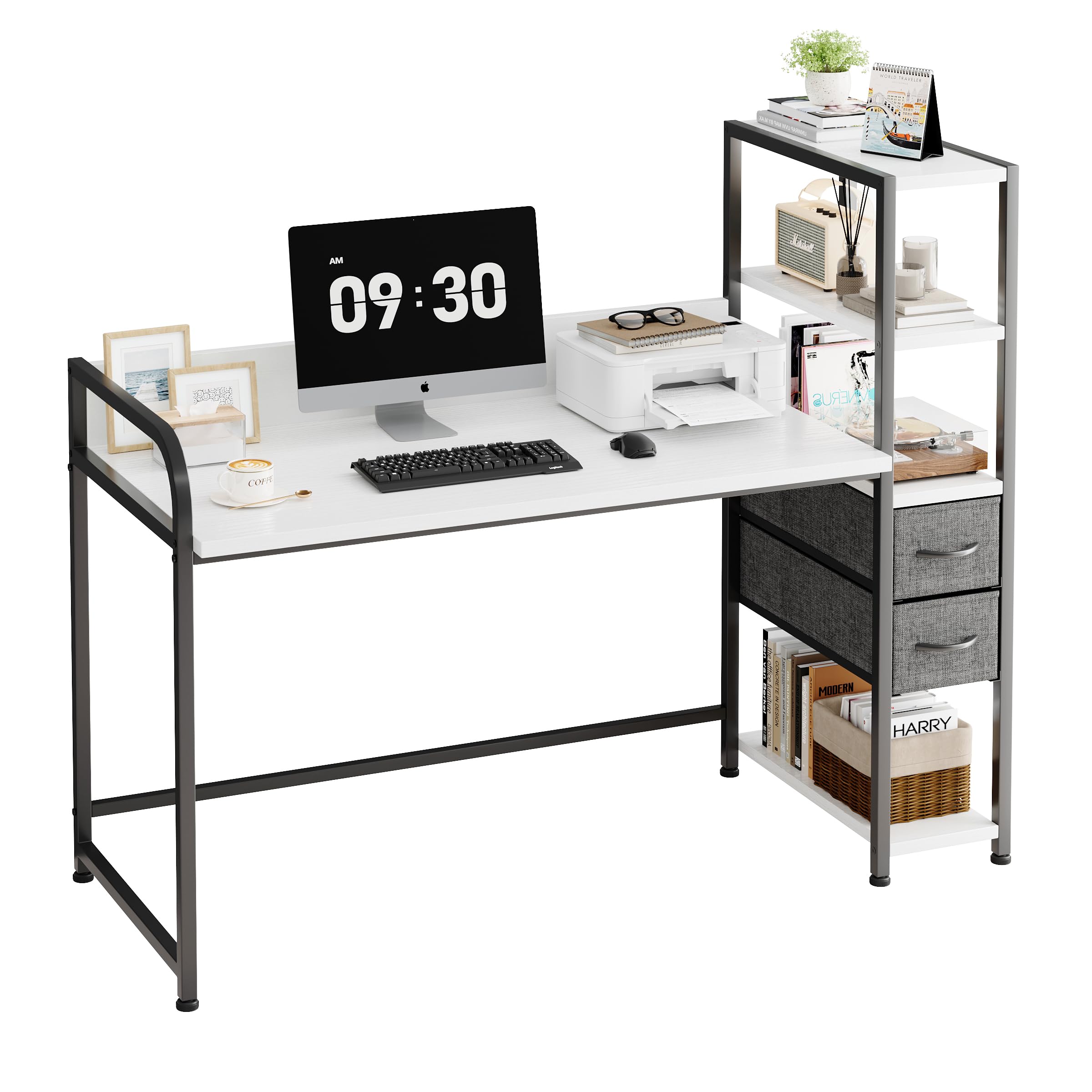 SJAVX 55 Inch Computer Desk with 2 Non-Woven Drawers & Reversible 4-Tier Bookshelf, Space-Saving Corner Workstation with Heavy-Duty MDF Top for Home Office & Gaming (White)