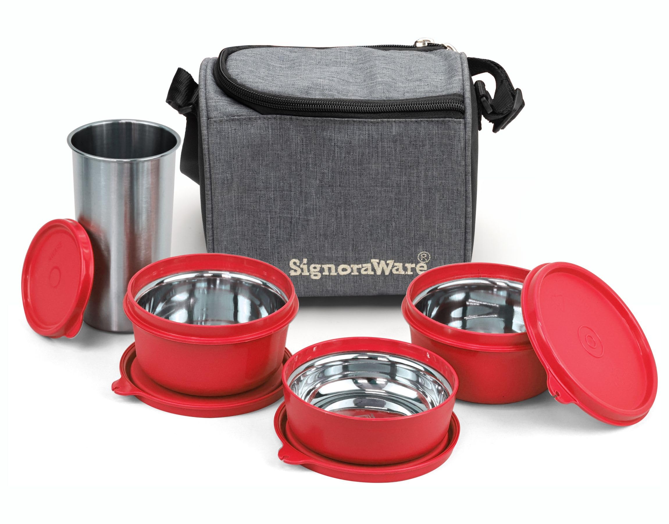 Signora Ware Monarch Best Microwave Safe Steel Lunch Box (3 Stainless Steel Containers + Steel Tumbler + Insulated Bag) (350Ml+350Ml+200Ml +370Ml Steel Tumbler, Set of 4, Red Office Series)