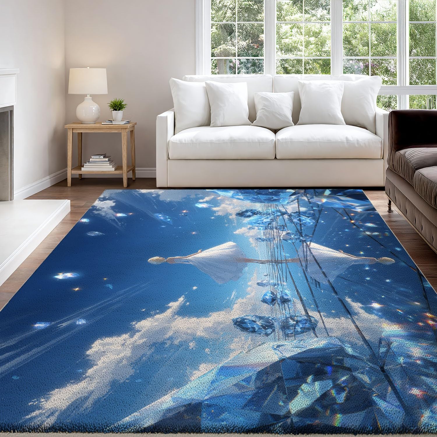 Puszysty dywan anime, elegancki dywan, marzycielskie błękitne niebo, nie gubi włosia, łatwy do czyszczenia, do jadalni, kuchni, biura, 80 x 150 cm