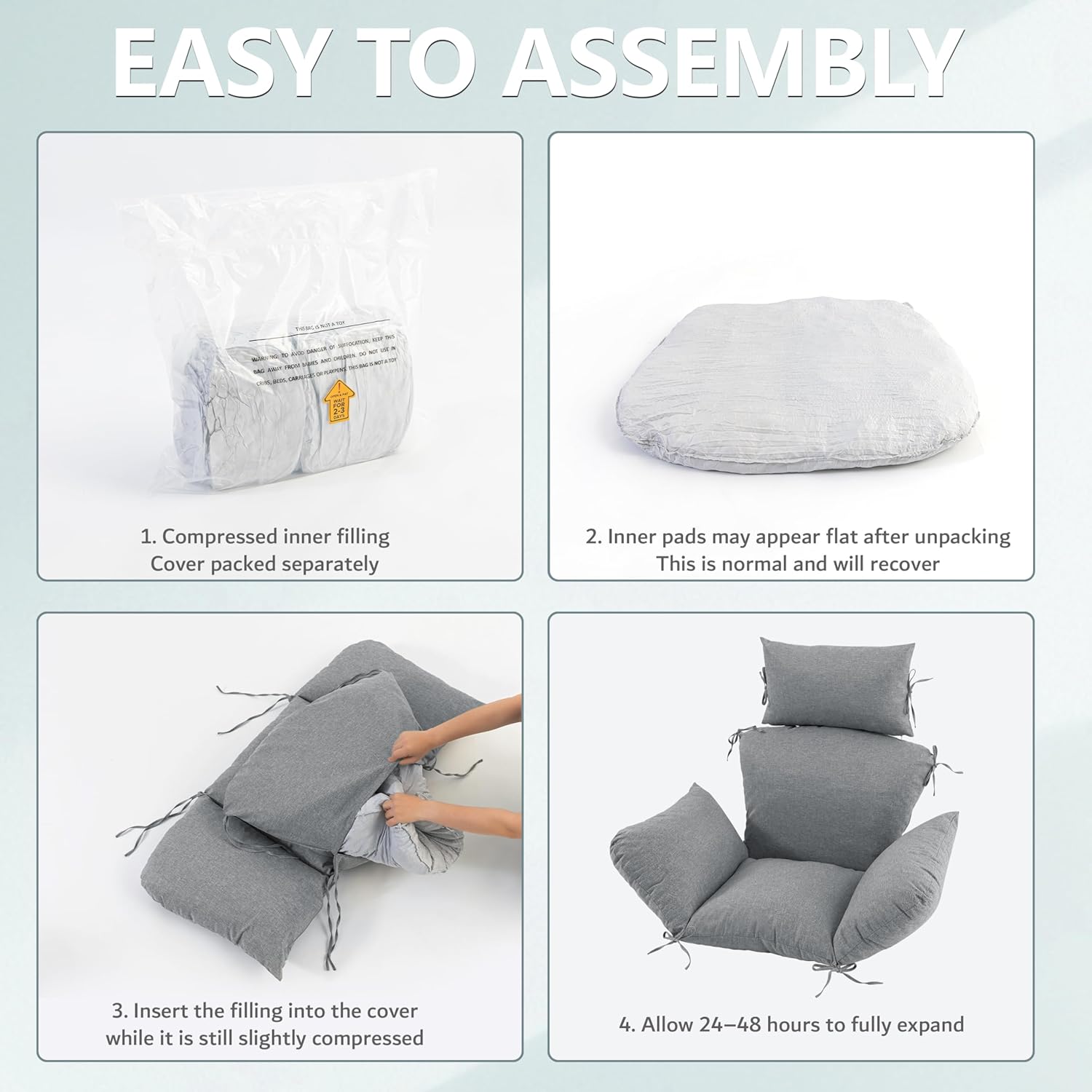 Egg Chair Cushion with 8 Securing Straps, Water-Repellent & Fade-Resistant Faux Linen, Removable Cover, Replacement Cushion for Most Single Outdoor Hanging Swing Egg Chairs – Dark Grey