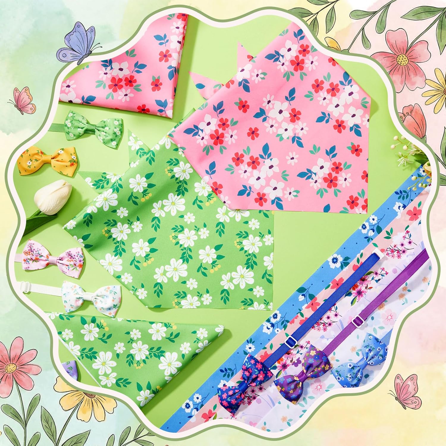 Sanwuta 50 Pcs Spring Dog Bandanas and Collar Bow Ties Set 25 Bandanas Bulk 25 Charm Dog Collar Pet Triangle Pet Scarf Bowtie for Small Medium Large (Spring Fresh)