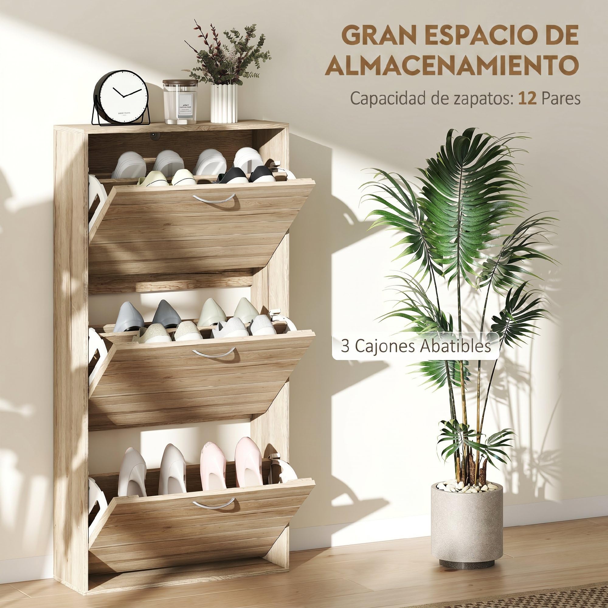 HOMCOM Zapatero Estrecho con 3 Puertas Abatibles, Zapatero Entrada Recibidor, Estantes Ajustables, para 12 Pares de Zapatos, para Pasillo, Espacios Reducidos, Roble