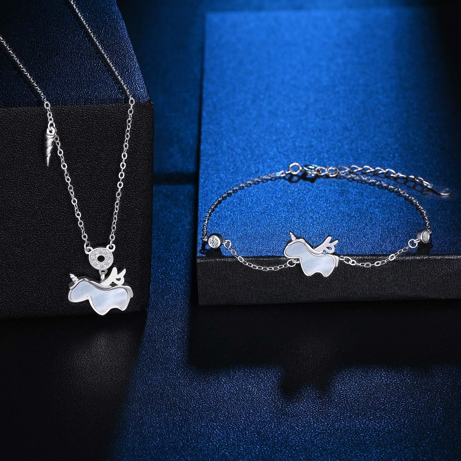 Juegos de Joyas para Mujer y Niñas, Collar y Pulsera de Plata Unicornio, Colgante Unicornio con Madreperla Cadena 39+4cm, Plata de Ley 925 Conjuntos Joyas Fiesta Cóctel