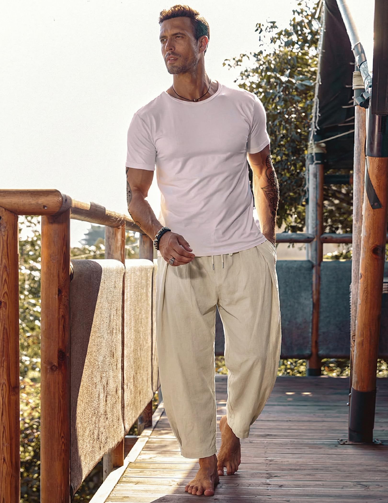 Coofandy Sarouel décontracté en Coton et Lin avec Cordon de Serrage pour Homme, léger, Ample, pour la Plage, Le Yoga avec Poches