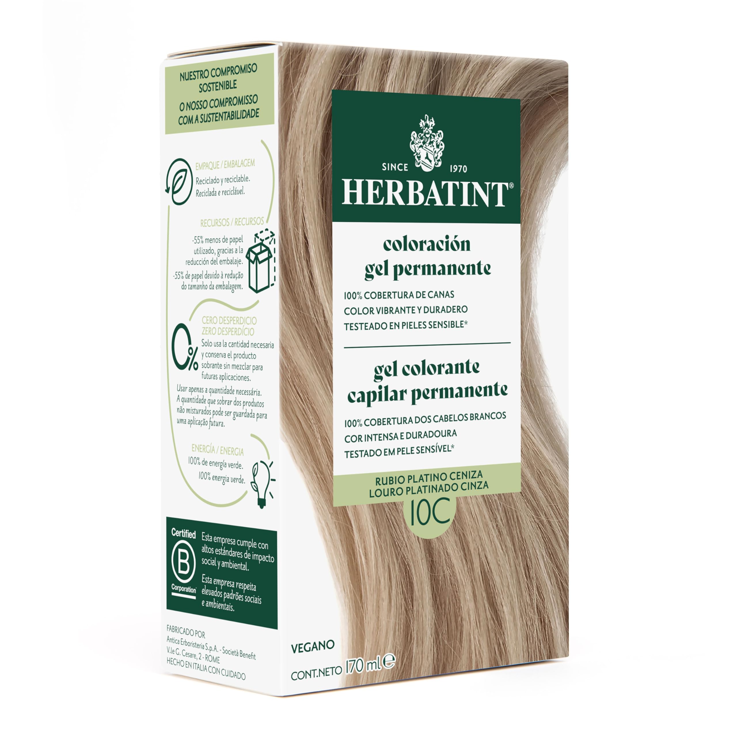 Herbatint Coloración Gel Permanente para Cabello 10C Rubio Platino Ceniza - 170 ml | Sin Amoniaco, Cobertura Óptima de Canas | para Pieles Sensibles, con 8 Extractos Naturales Bio