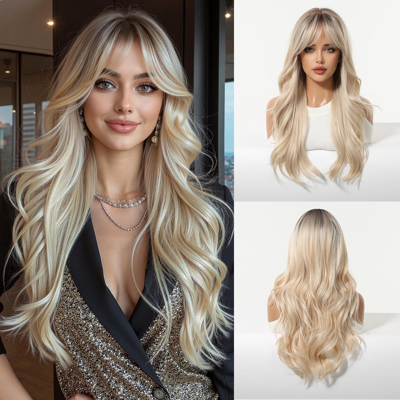 Esmee Parrucche Lunghe Ondulate con Ombre Biondo per Donne con Frangia Capelli Sintetici Naturali per Uso Quotidiano e per Feste