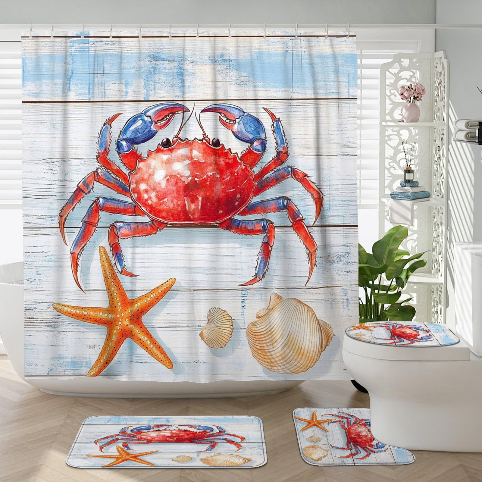 4PCS Farmhouse Coastal Crab Bathroom Accessory Sets with Non-Slip Rug, U Shape and Toilet Lid Cover Mat, Rustic Wood Seashell Bathroom Fabric Decor-72''x72''