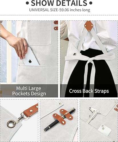 Miniatura 22 de Delantal de lona de algodón con espalda cruzada para hombres y mujeres, delantal de chef con correa ajustable y bolsillos grandes, delantal de Gris