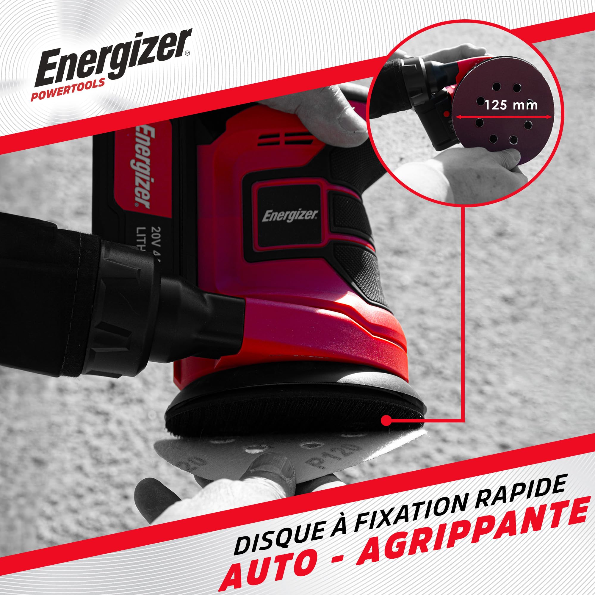 Energizer – Ponceuse Circulaire Sans Fil 20V, 10 000 tr/min, 6 Vitesses Réglables – Plateau 125 mm Auto-Agrippant, Sac Collecteur, 10 Disques Inclus – Inclus 2 Batteries 20V 2AH + Chargeur Rapide
