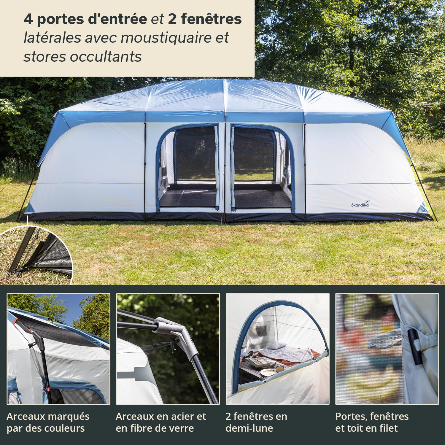 Skandika Tonsberg Tente de camping 5/10 personnes avec peau unique, toit en maille, chapiteau amovible, hauteur debout 2 m, sol de tente cousu, colonne d'eau 4000 mm | Grande tente familiale