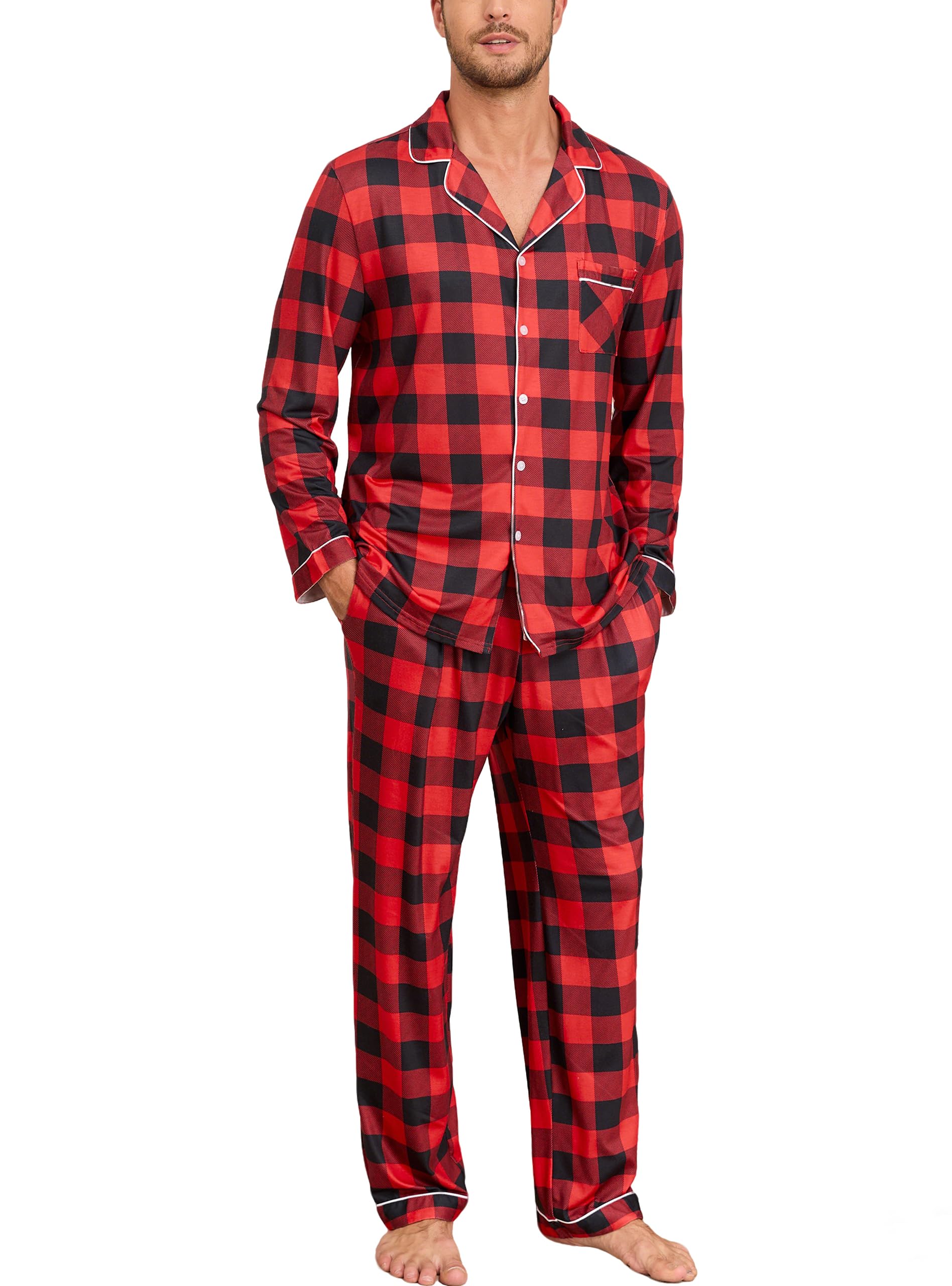 Veseacky Mens Pajamas Set Long Sleeve Soft Pajamas for Men Button Down Sleepwear Pjs Lounge Sets with Pockets S-2XL
