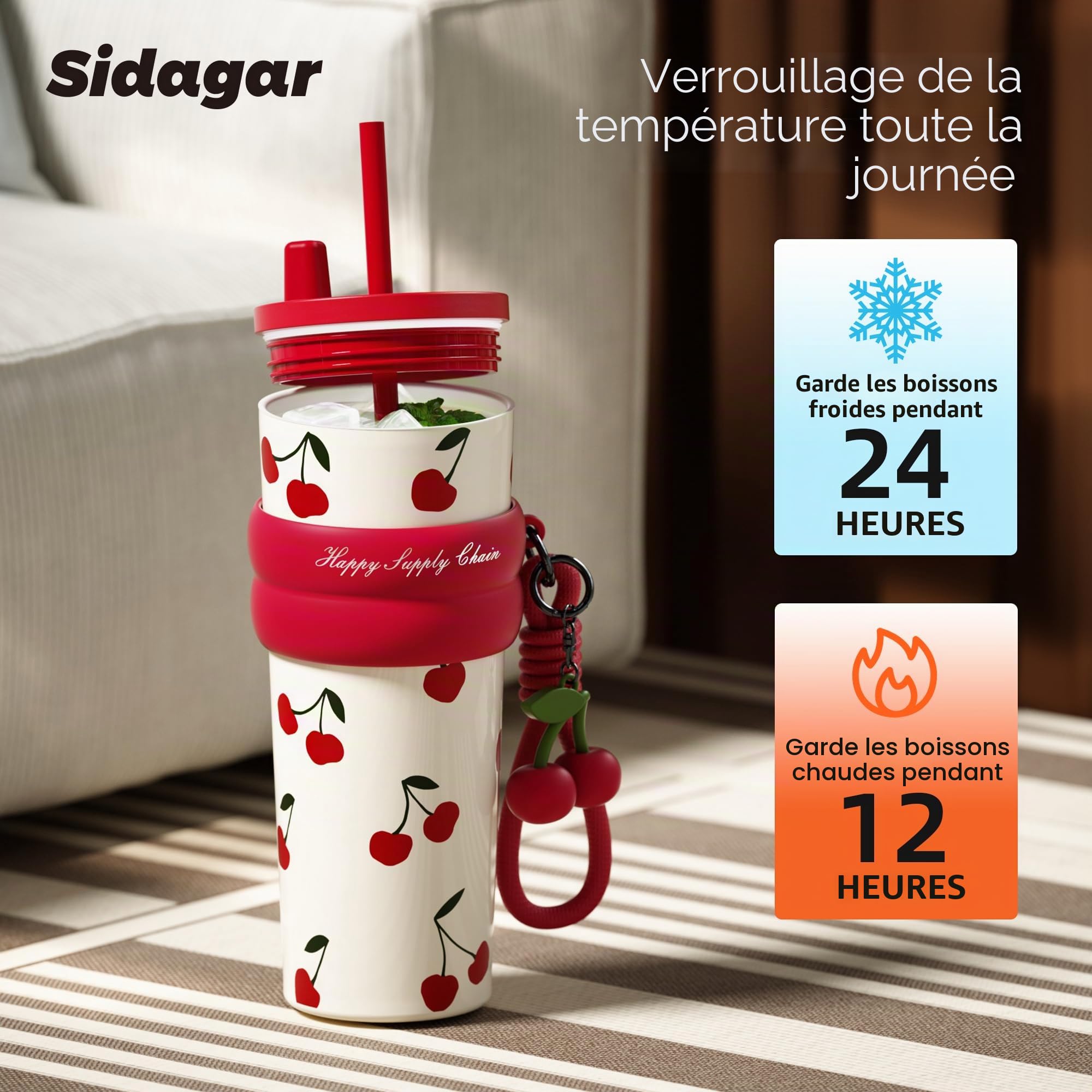 Gobelet isotherme de 710 ml avec couvercle et paille, bouteille d'eau réutilisable, anti-fuite, avec sangle, tasse de voyage portable pour café glacé chaud et froid, tasse thermique pour femme (cerise