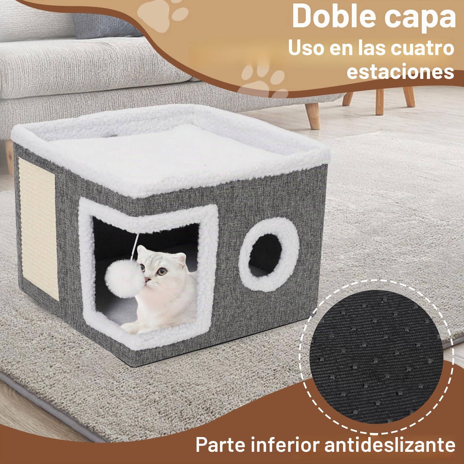 Casa Plegable para Gatos,40 x 40 x 31cm Casa para Gatos para Interiores,Capas para Gatos Pequeños y Medianos,con Celota de Peluche, Rascador para Gatos y Agujero para Gatos
