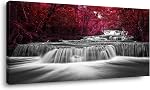 Wide Waterfall & Red Leaves Canvas Wall Art For Bedroom,Burgundy Nature Black White Artwork Decor,Beautiful Maple Leaves Landscape Picture Print Painting,Bracket Fixed Ready To Hang,Inner Frame 20x40