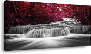 Wide Waterfall & Red Leaves Canvas Wall Art For Bedroom,Burgundy Nature Black White Artwork Decor,Beautiful Maple Leaves Landscape Picture Print Painting,Bracket Fixed Ready To Hang,Inner Frame 20x40