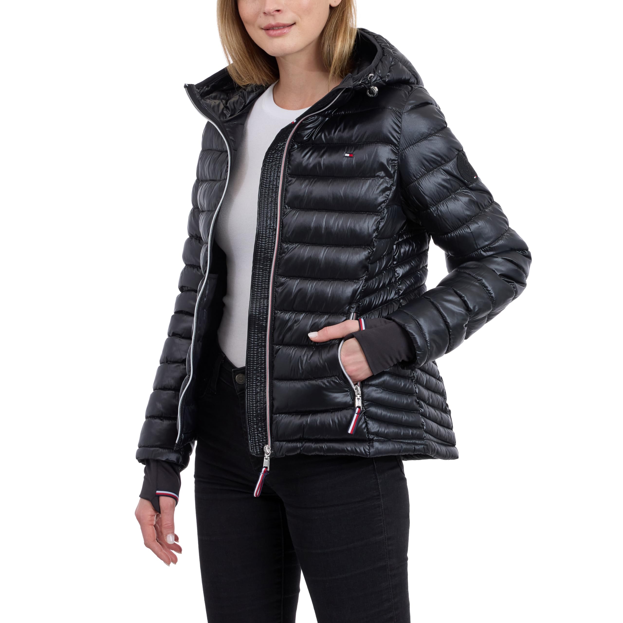 Tommy Hilfiger Leichte verstaubare Pufferjacke für Damen mit Kapuze und Tasche