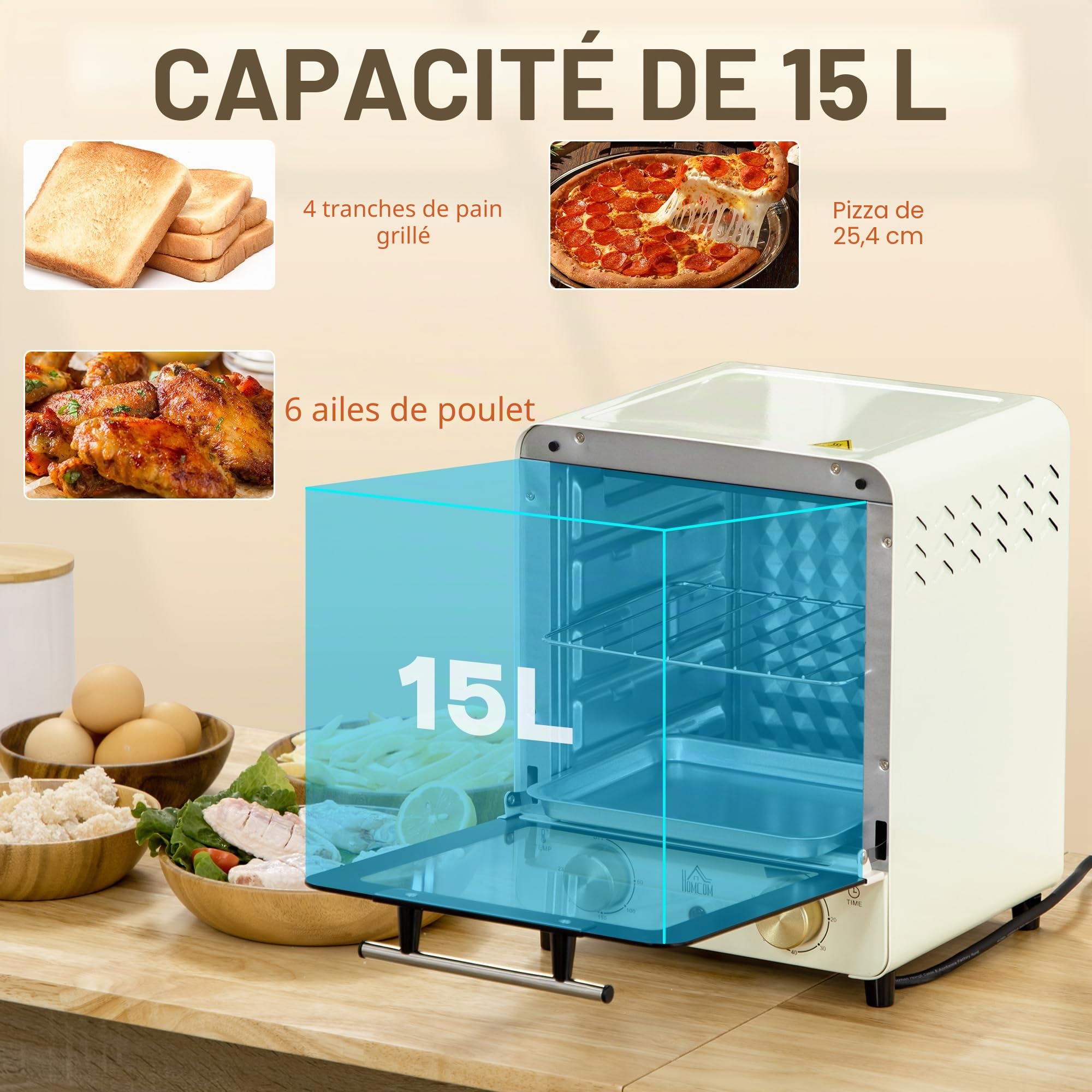 HOMCOM Mini-four 15L, Four à pizza 1000 W Mini-four électrique y compris jeu de plaques de cuisson, plateau ramasse-miettes, minuterie 1 heure, 60-230℃, blanc crème