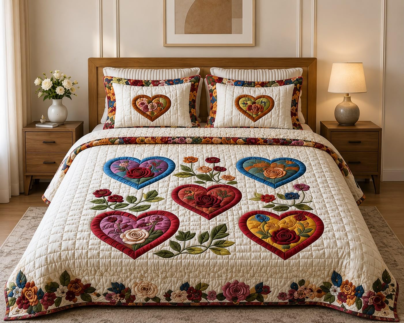 Heart & Floral Quilted Bedspread Set with 2 Pillow Covers | Colorful Rose Motifs, Patchwork Border, 3-Piece Bed Set, Cream Base Colour, Bedroom Decor-image-7
