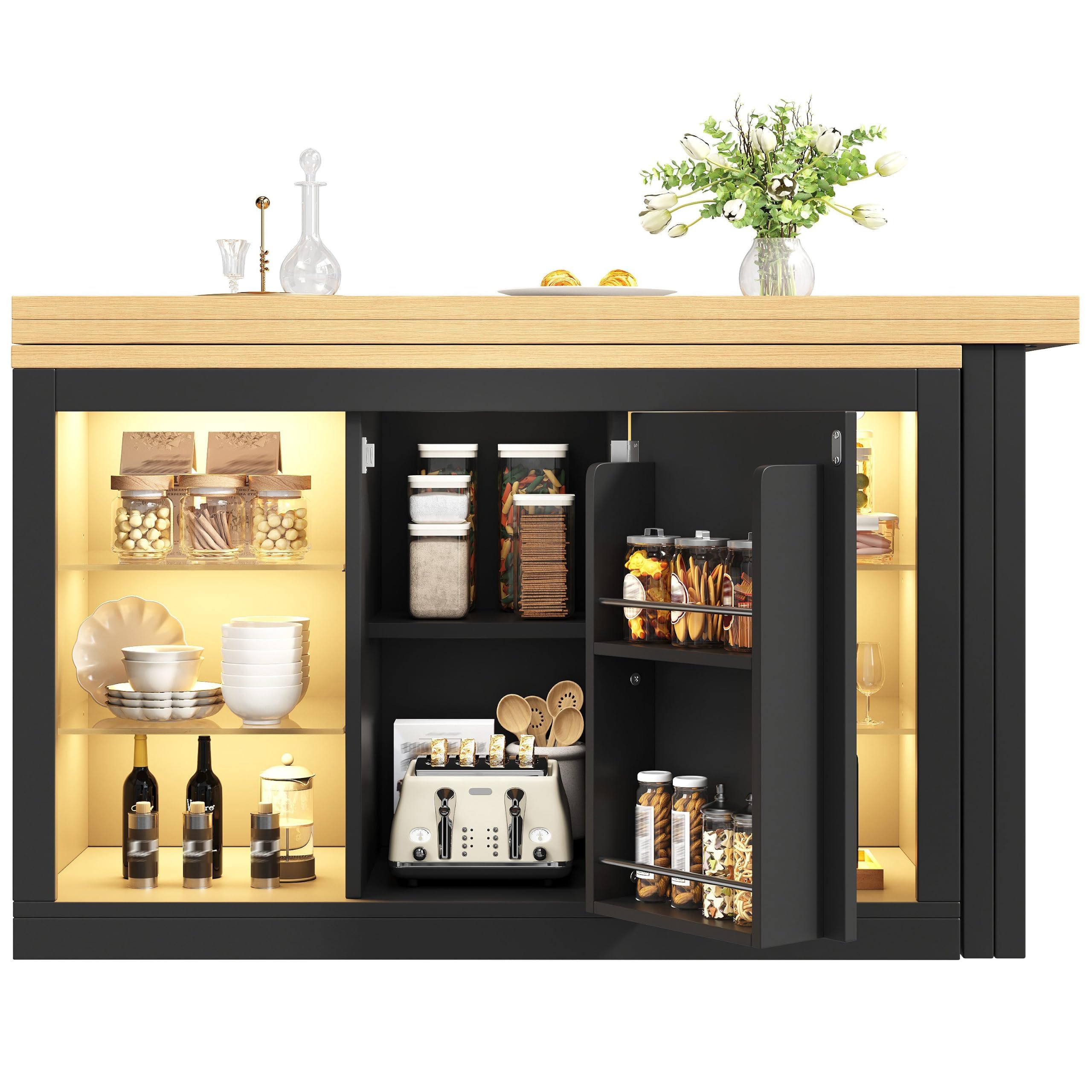 Ausziehbarer Kücheninsel-Esstisch mit App-steuerbarer LED, 120-197cm, 360° drehbar, mit magnetischen Türen & Glas-Einlegeböden, Schwarz, belastbar bis 60kg