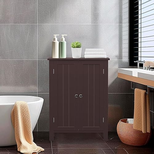 Miniatura 4 de ZENY Armario de almacenamiento de piso de baño con puerta doble + estante ajustable, armario organizador de madera para sala de estar, baño,