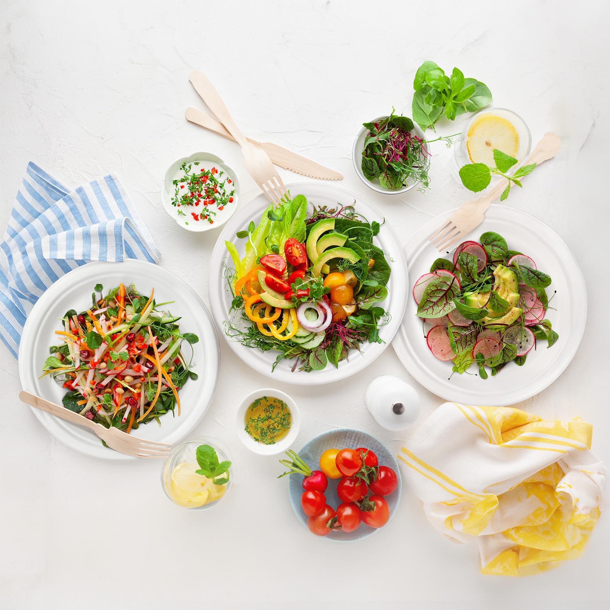 Freshware Platos de papel, plato desechable de 10 pulgadas, platos biodegradables de caña de azúcar, vajilla resistente para alimentos calientes, apto para microondas y congelador, vajilla apilable,