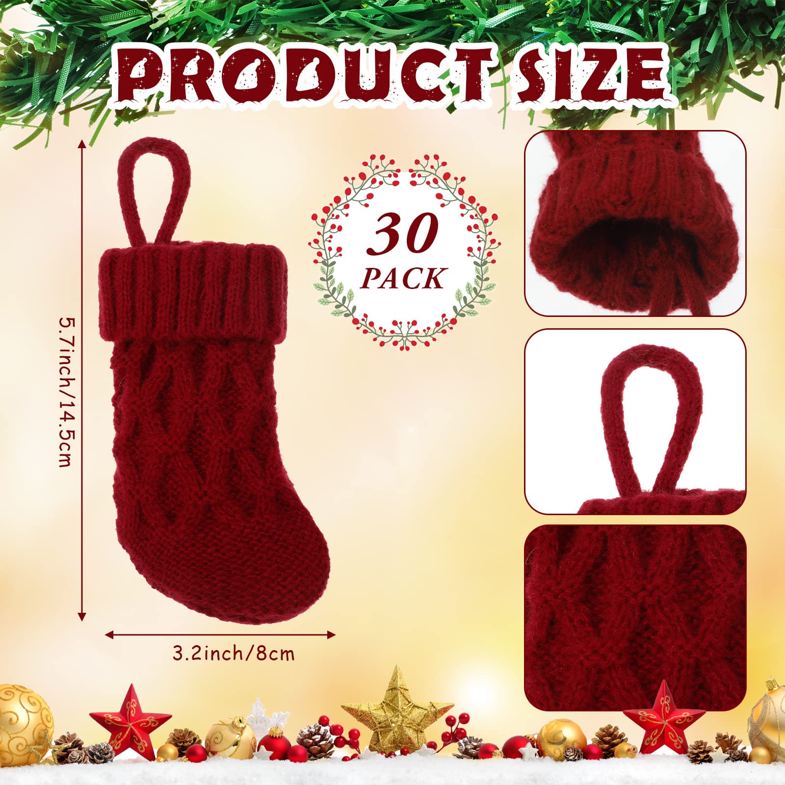 BBTO 30 Stück Mini-Weihnachtsstrümpfe, 12,7 cm Zopfstrick, Weihnachtsstrümpfe, rustikale Weihnachtsbaumschmuck