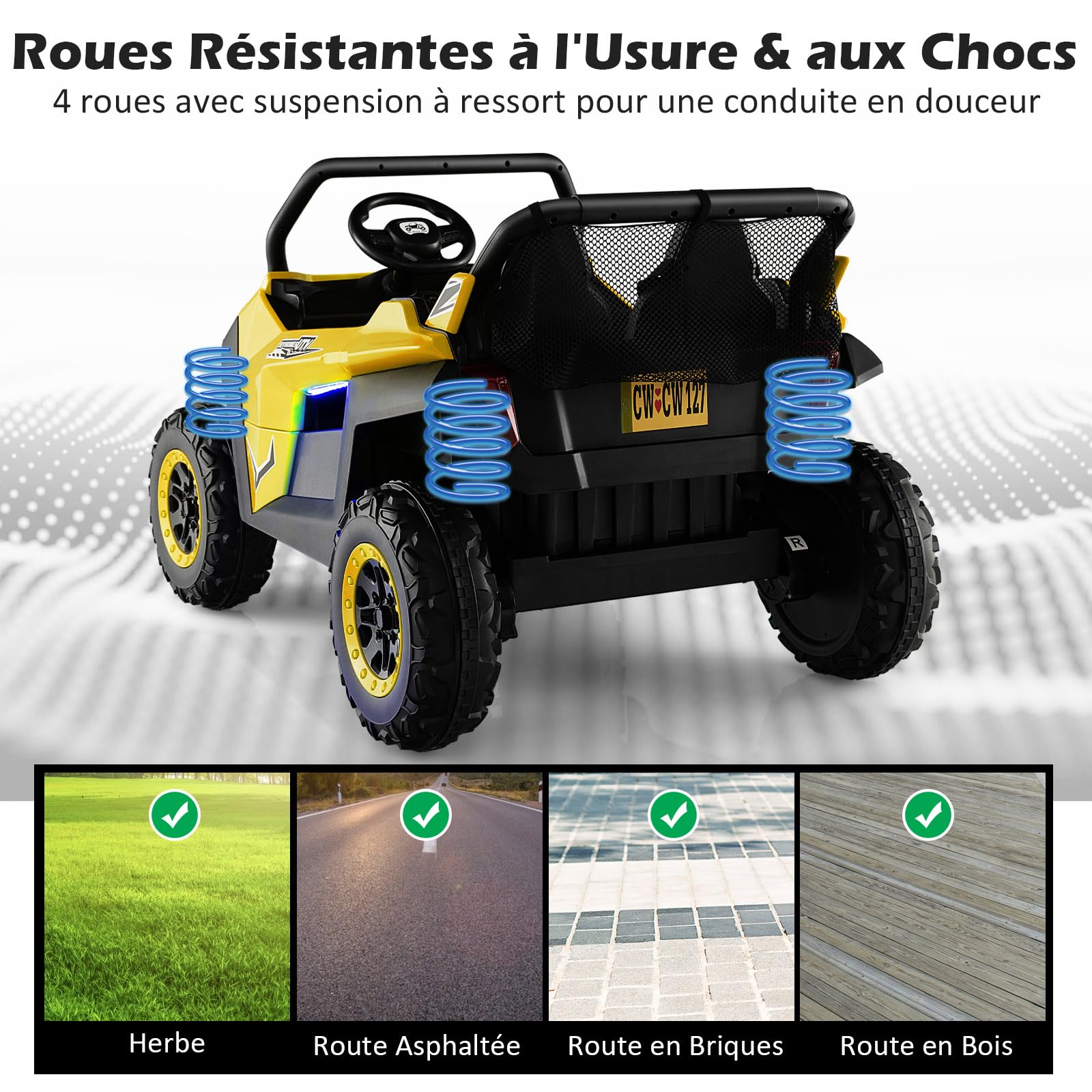DREAMADE Voiture Électrique 12V pour Enfant, 2 Modes de Conduite, avec Télécommande Effets Sonores Lumineux, Véhicule Tout Terrain avec 2 Sièges pour Enfant 3-8 Ans, Charge 59kg, 118x74x71cm (Jaune)
