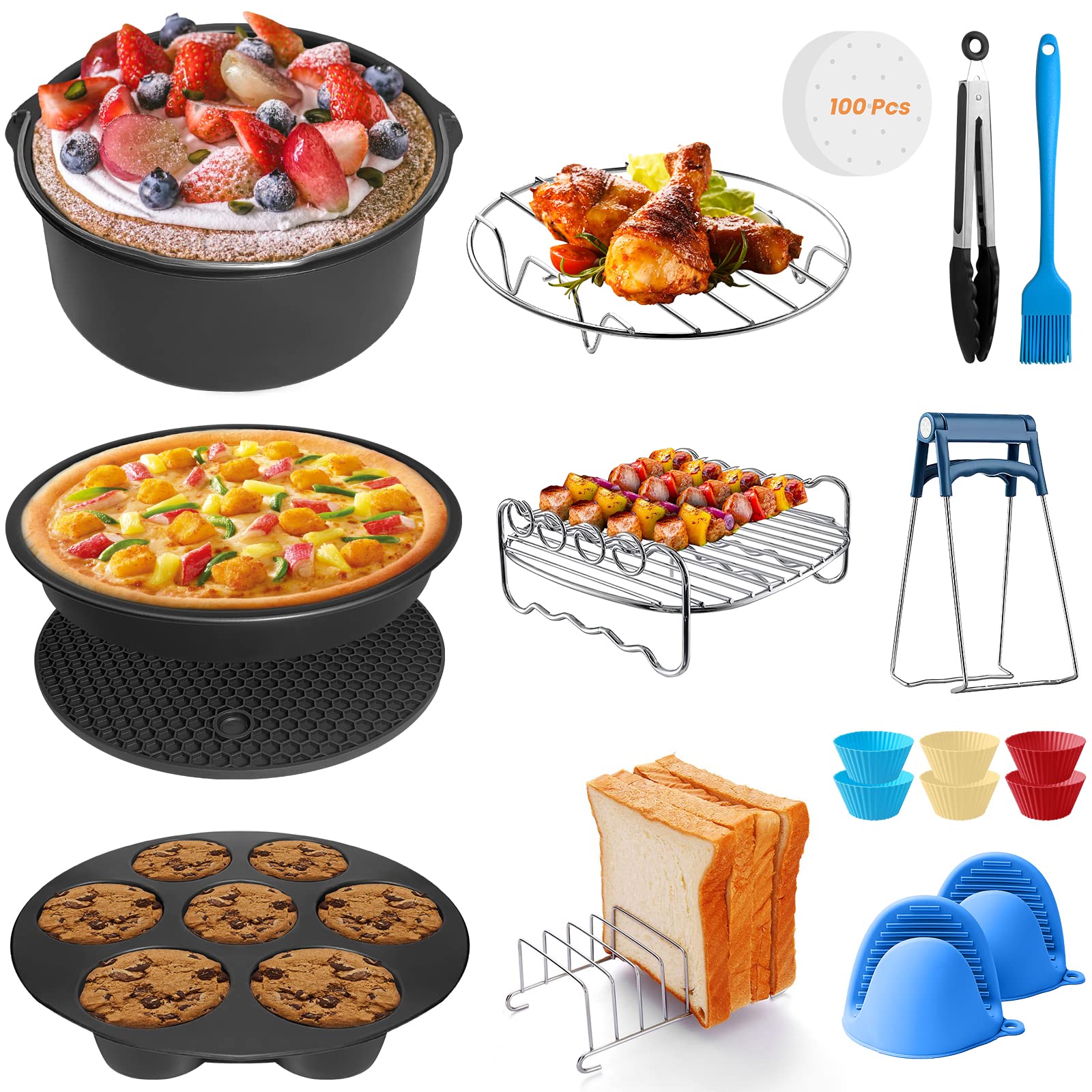KAQ 8 Inch Air Fryer Accessories, 13pcs Air Fryer Accessory Set, Suitable for Most Brands Such as Ninja Cosori Salter Tefal Philips Tower 4.2-5.5L Air Fryer.