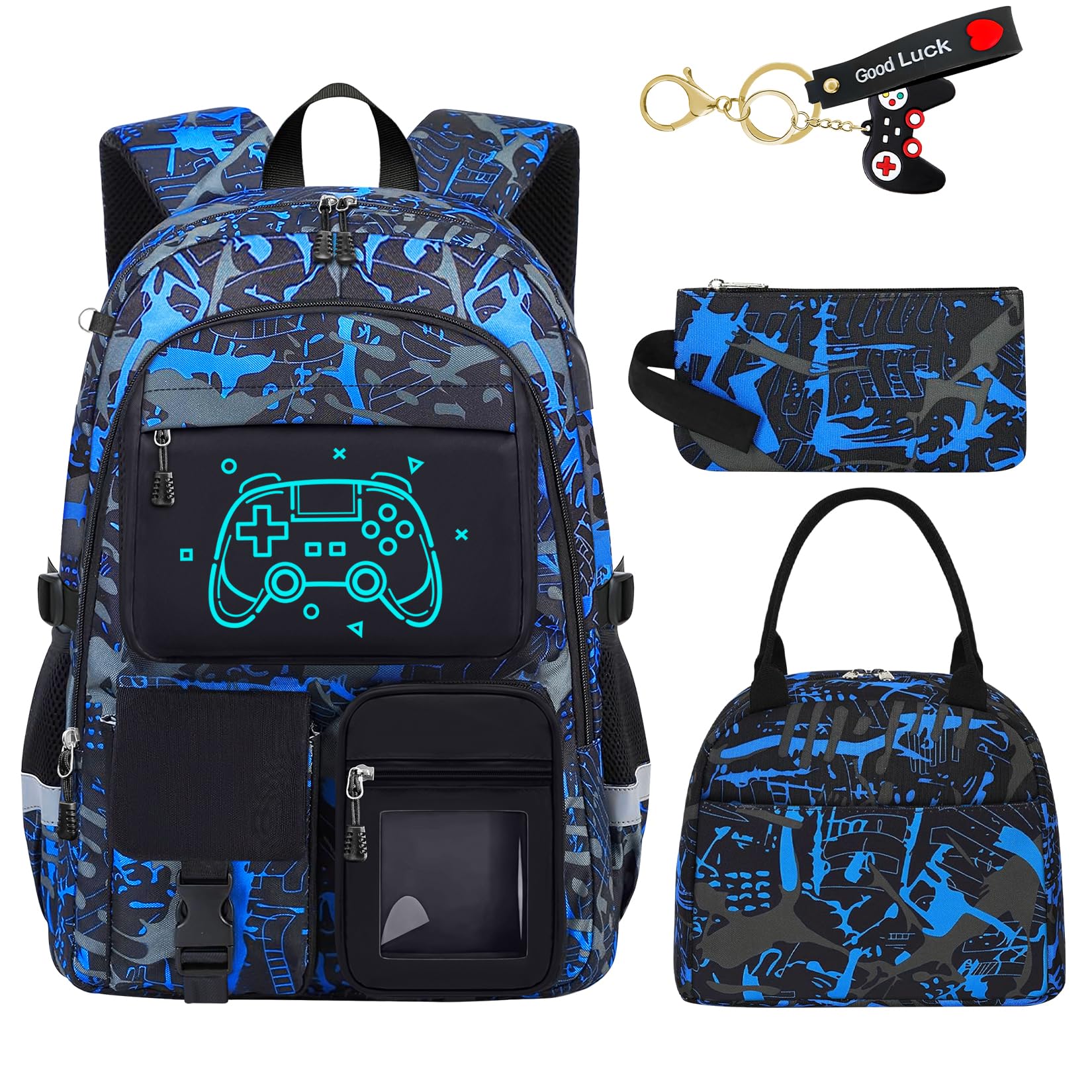 Fitvc School Backpack for Boys - 4pcs Gamer Boys Backpack with Lunch Box Set for Kids Teens Elementary Middle High School - 18" Large Capacity School