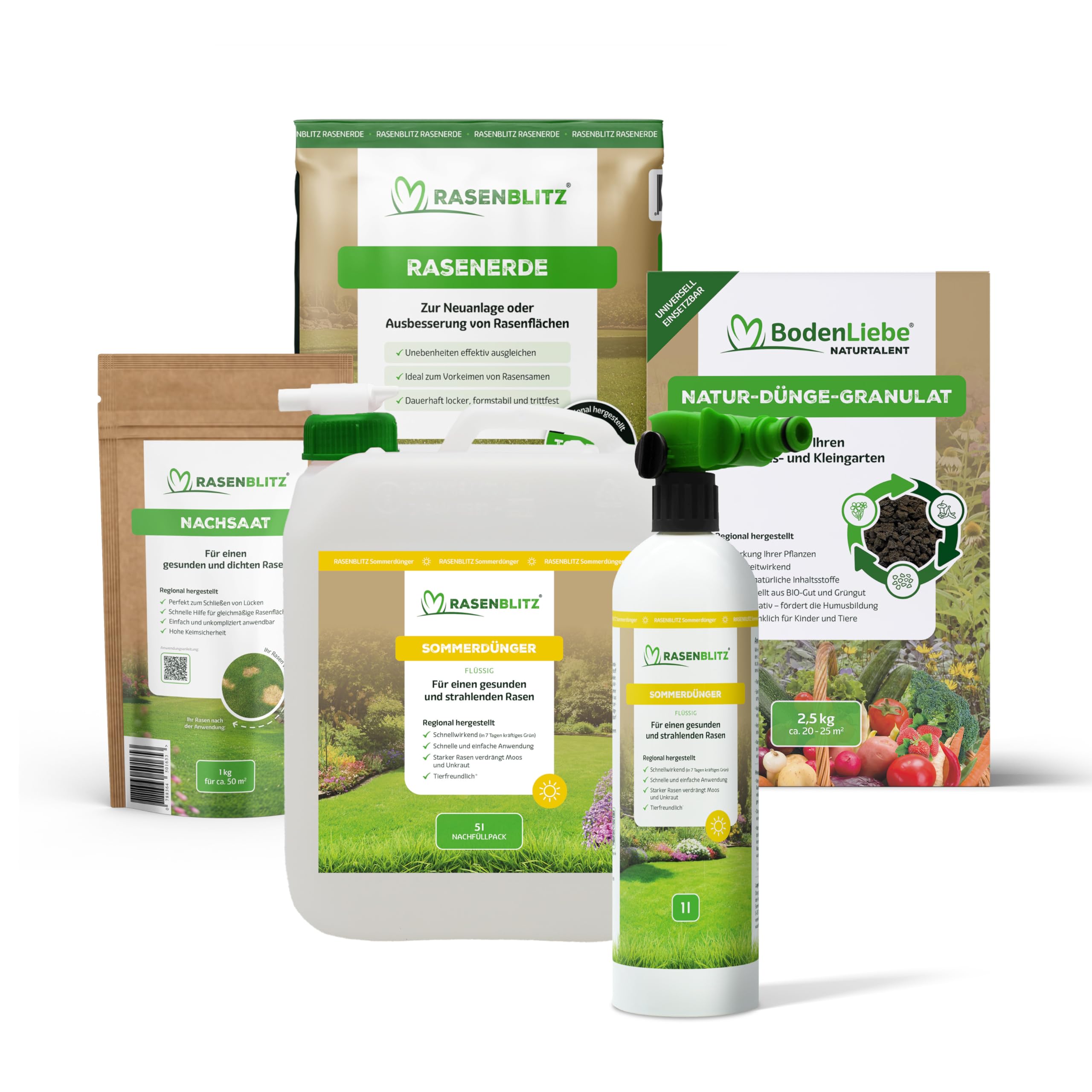 RASENBLITZ Sommerdünger flüssig Set 5 L Rasendünger | flüssig, inkl. NATURTALENT 2,5kg, NACHSAAT 1kg & RASENERDE 10L, für starken Rasen trotz Hitze, ideale Hilfe für Garten