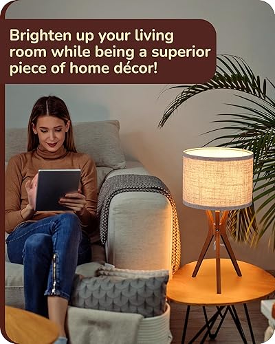 Miniatura 6 de EDISHINE Lámpara de mesa de mediados de siglo, lámpara de noche de trípode de 17.5 pulgadas con base de luz de color madera profunda y pantalla de