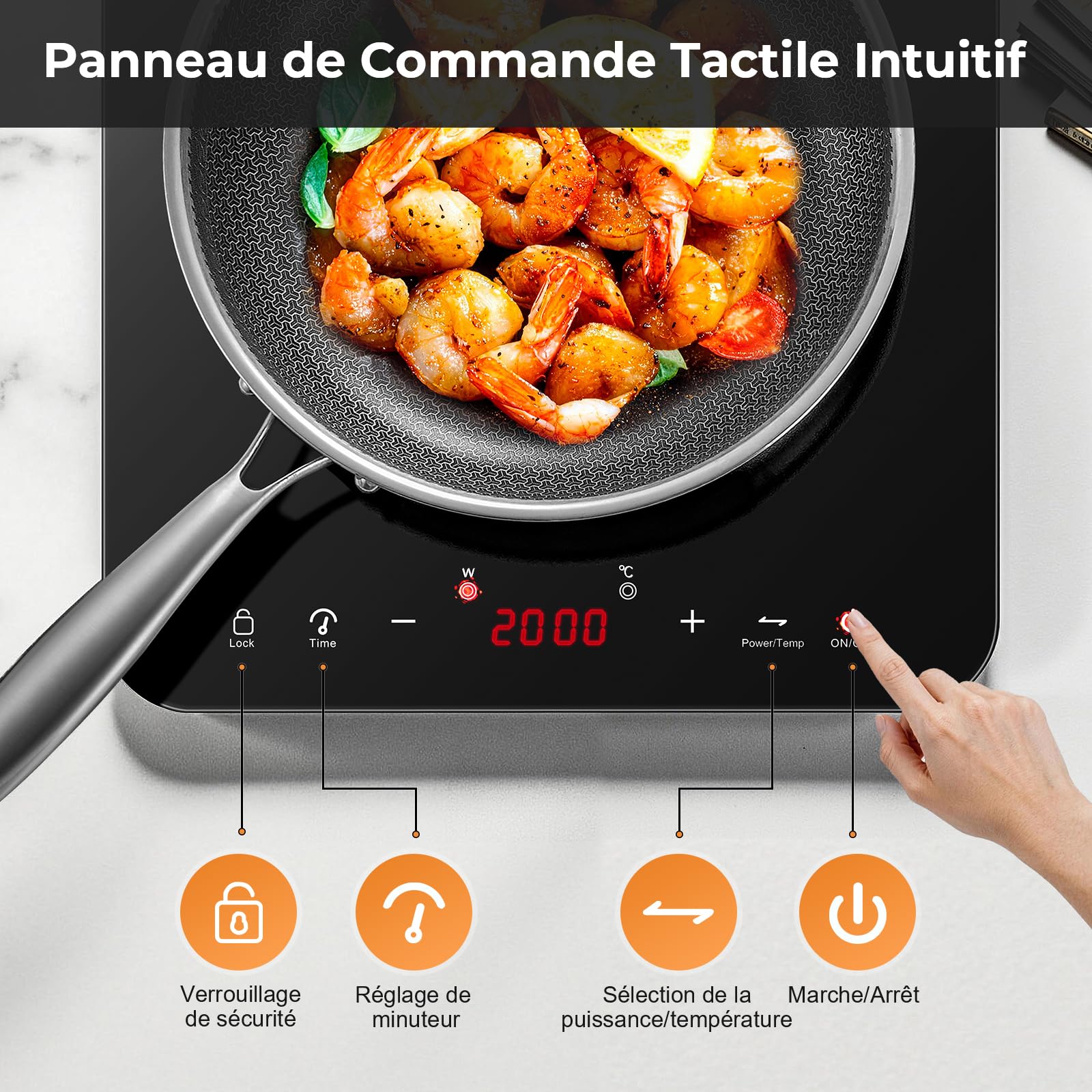Plaque Induction 1 Feu 2000W, Plaque de Cuisson Electrique Portable, Tables de Cuisson Induction, 10 Niveaux de Puissance, Commande Tactile, Verrouillage Enfant