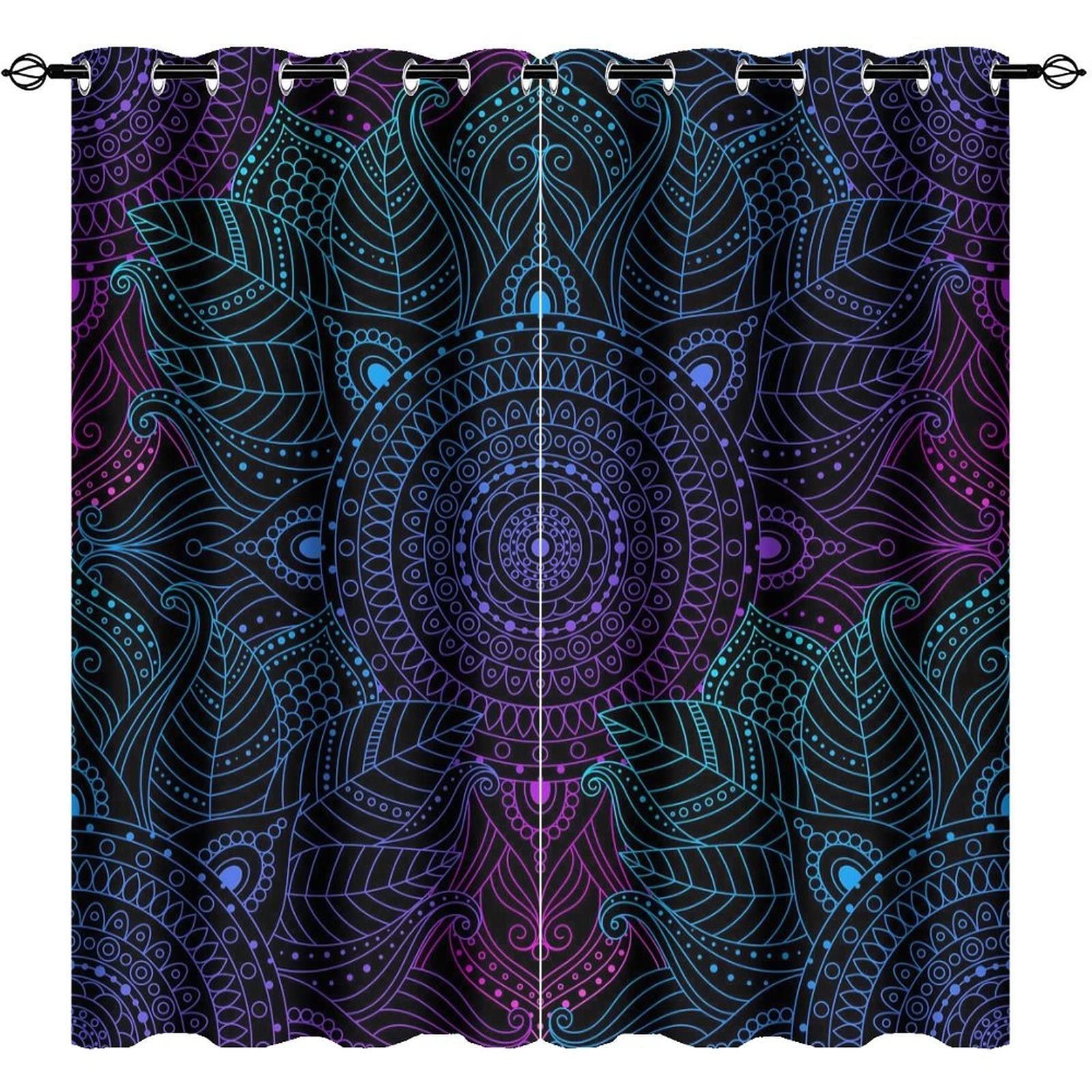Bohemian Mandala Blackout Curtains, 3D Colorful Pattern Print Window Curtains, Thermal Insulated Darkening Grommet Drapes 2 Panel Set for Living Room