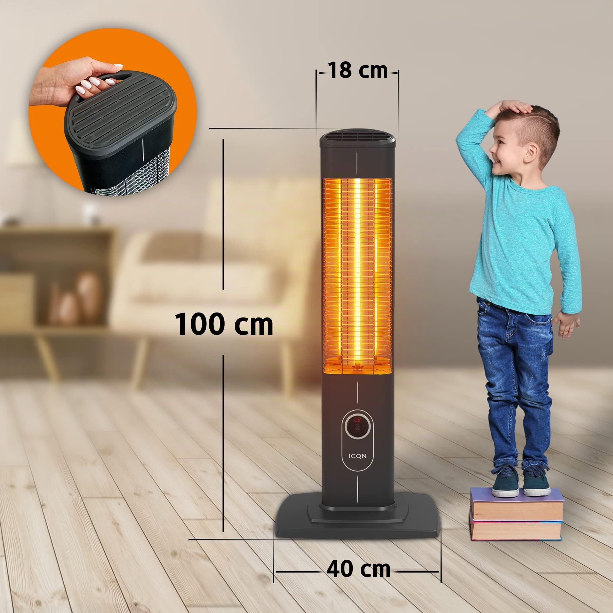 ICQN Stufa a infrarossi con telecomando | 2300 Watt | Potente riscaldamento carbonio | Per uso interno ed esterno | Per terazza | Base stabile | Display digital