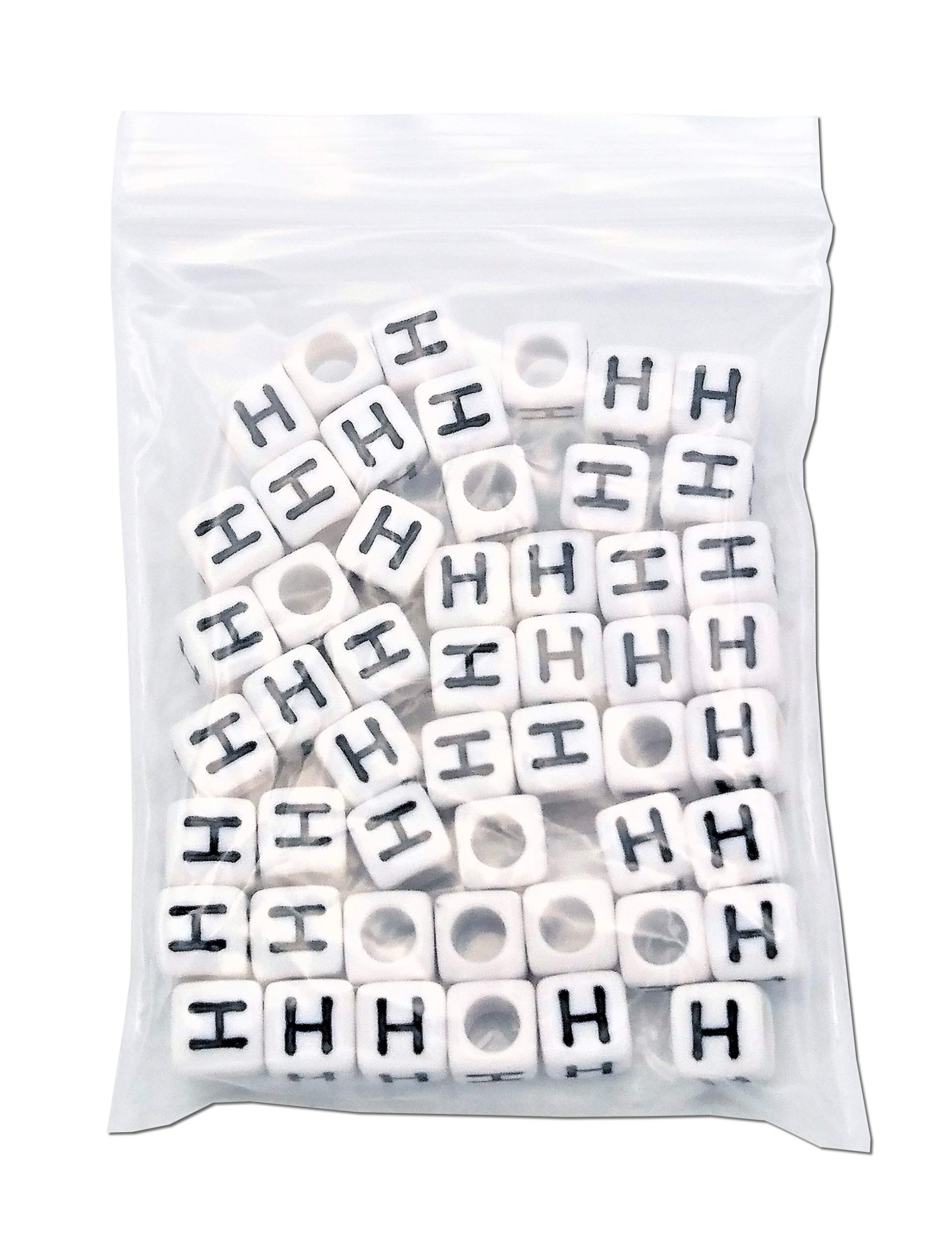FEQM Pre-Sorted Letter Beads (6mm 50 pcs, White - Black Letter H)