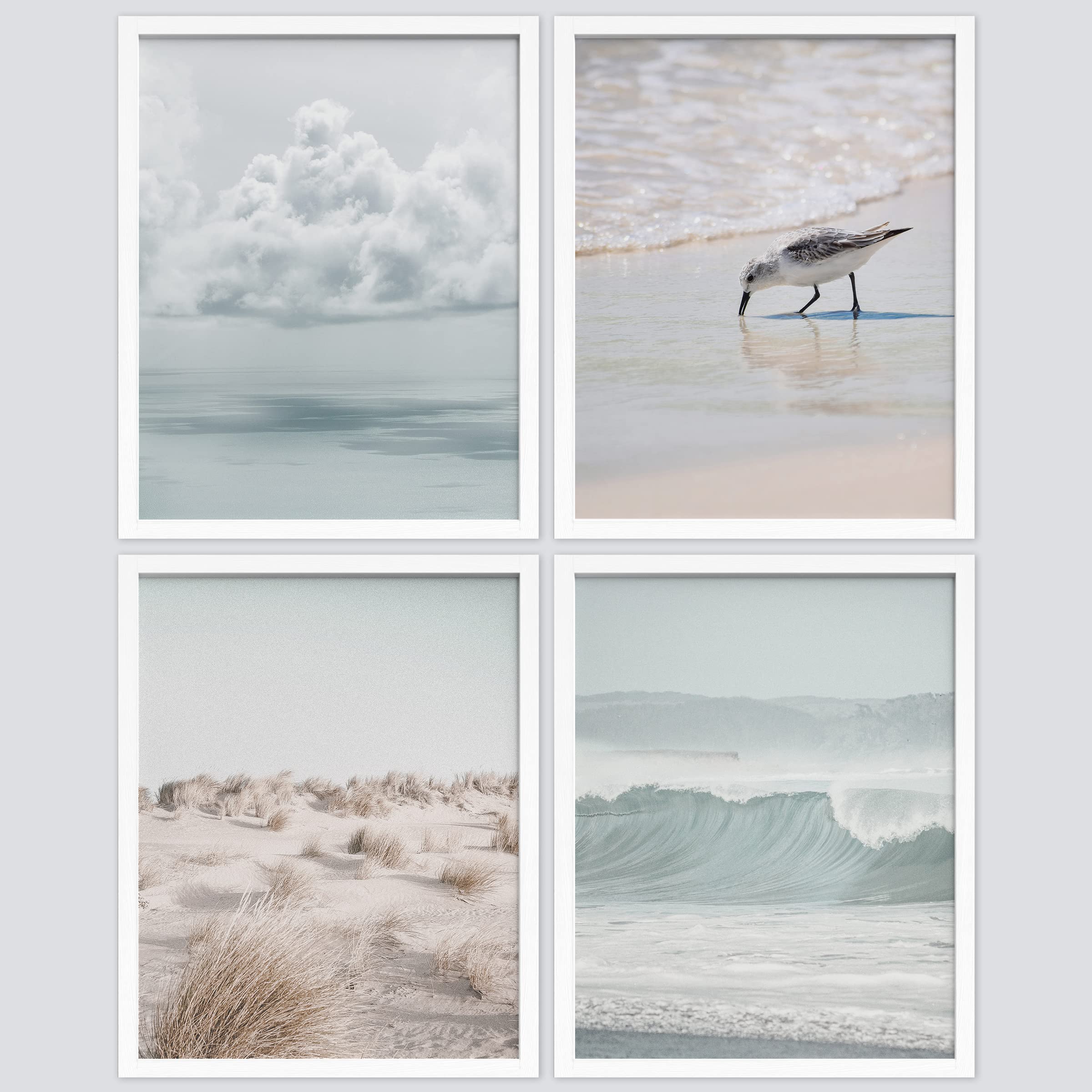 SIGNWIN Framed White Nautical Ocean Sea Beach Grass Seagull Wall Art, Set of 4 Landscape Colorful Wall Decor Prints, Nature Wilderness Wall Décor for