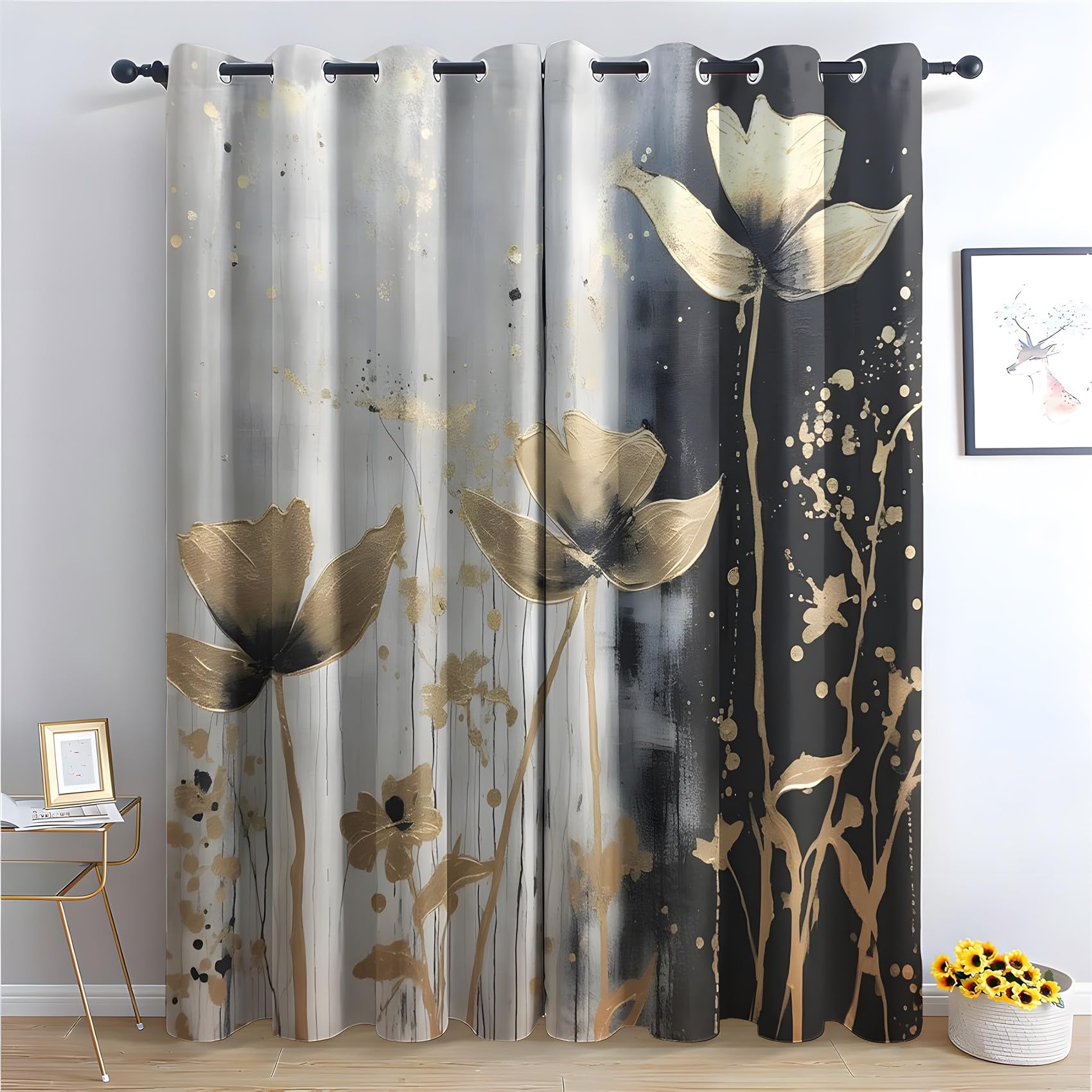 KaiHeBeding Floral Blackout Curtains for Bedroom - Grey, Black, and Gold Patterns Living Room Curtains 66x72 Eyelet - Soft Thermal Insulated Patterned Drapes for Windows - 2 Panels