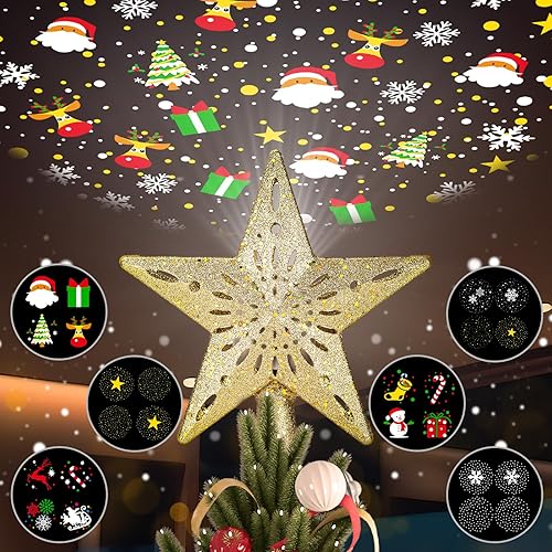 Miniatura 8 de Decoración para árbol de Navidad, estrella iluminada con luz LED giratoria de estrella, estrella dorada con purpurina 3D, luces de proyector de