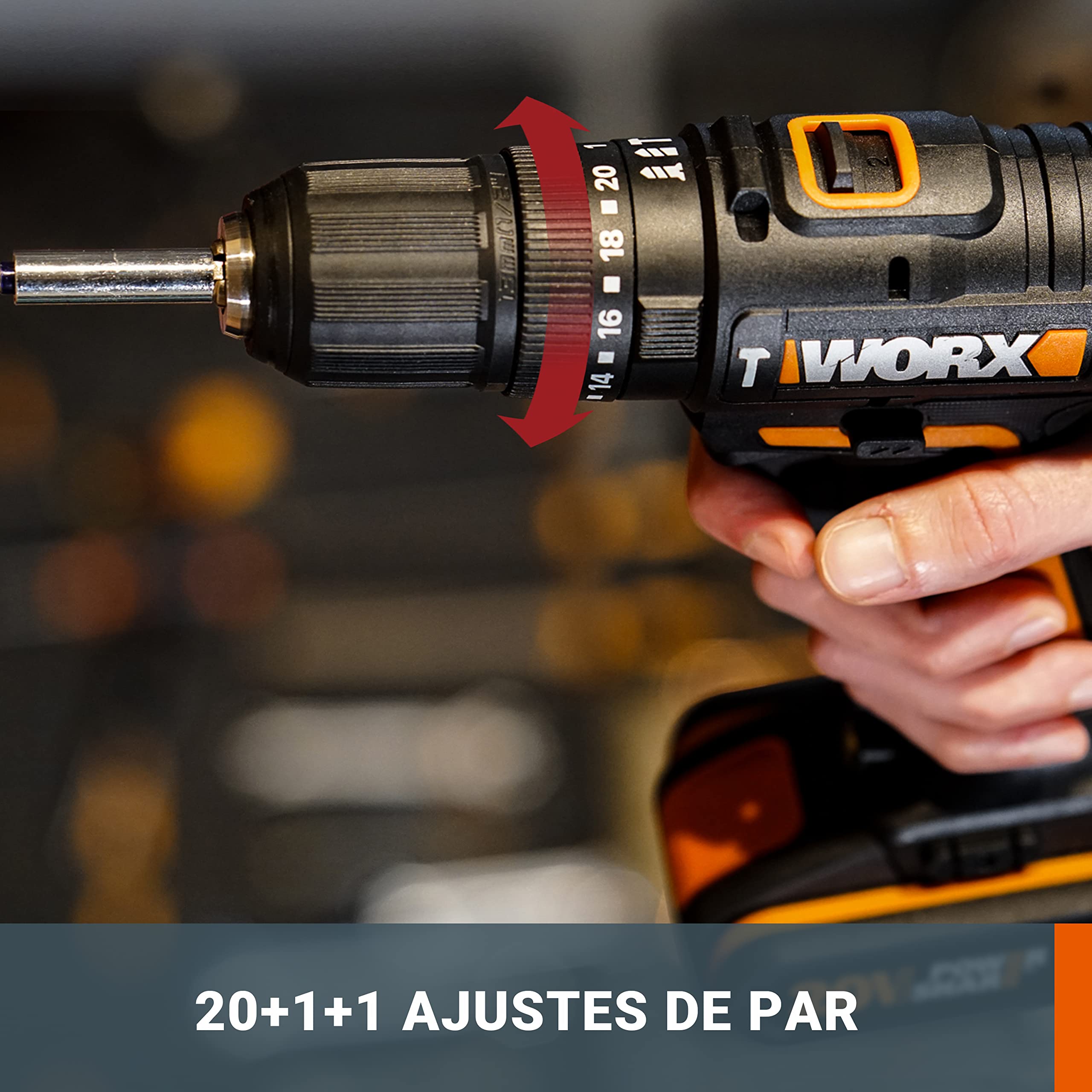 WORX - Taladro de percusión inalámbrico de 20 V WX370.2, 3 en 1, par máximo de 50 Nm, portabrocas de 13 mm (multimateriales, 2 velocidades, ligero y ergonómico, 2 bat x 2 Ah, cargador, 51 piezas