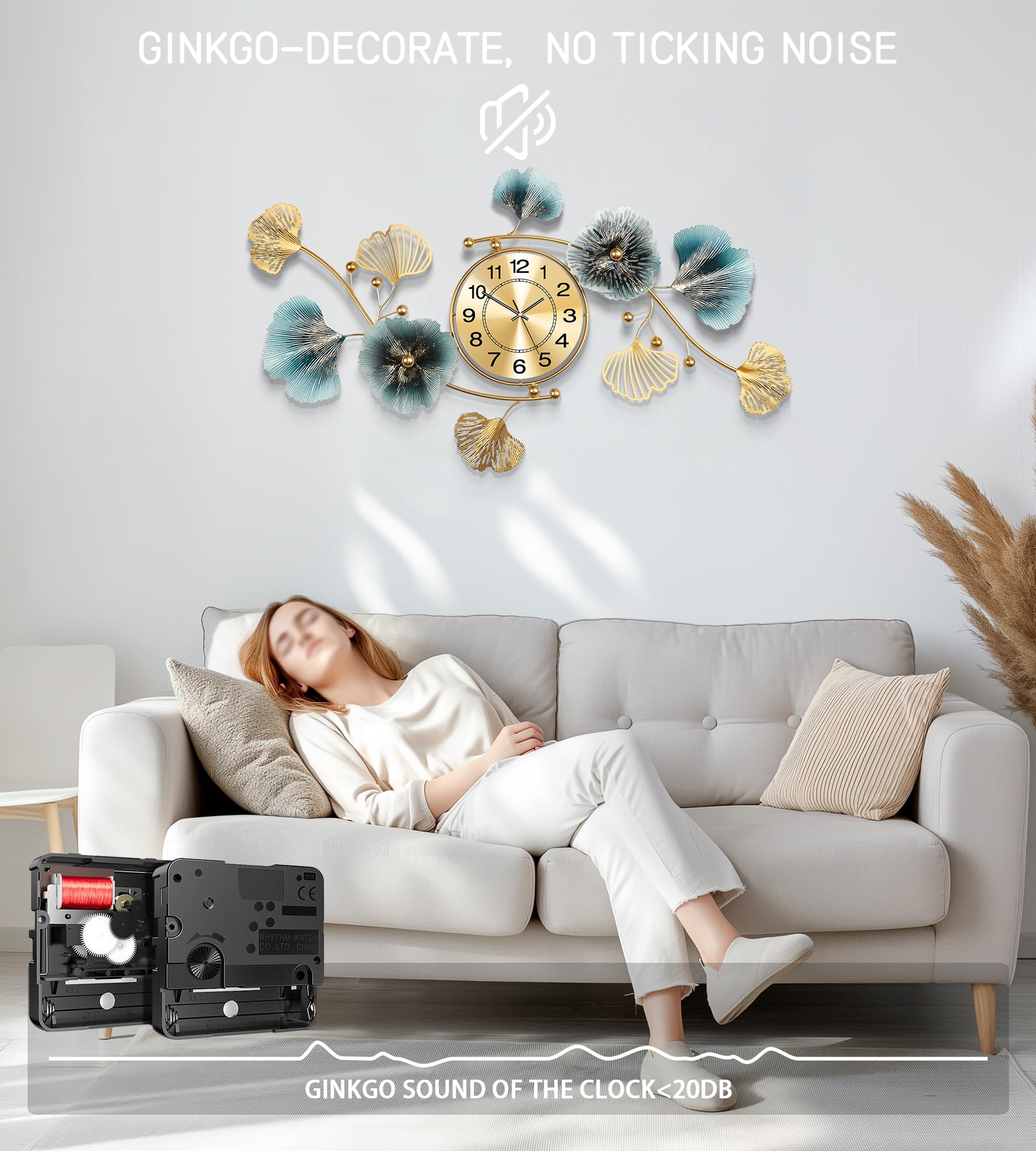 Axioglo Wall Clocks for Living Room Decor,Large Wall Clock,3D Creative Metal Ginkgo Leaf Design,with Silent Movement Wall Clocks for Home Wall Decor Clock?32