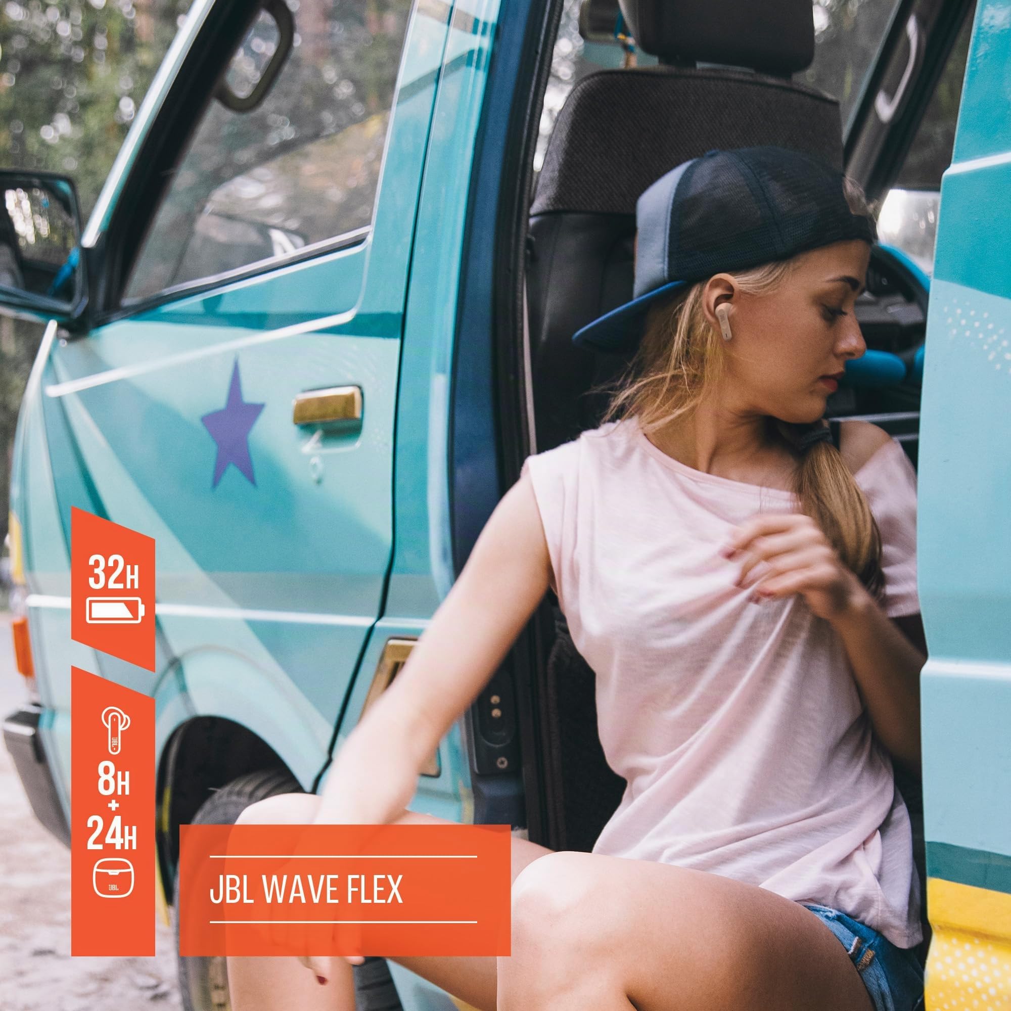 JBL Wave Flex, Écouteurs Intra-Auriculaires sans Fil, Resistance à l'eau IP54 et IPX2, Technologie TalkThru et AmbientAware, Autonomie de 32 Heures, en Bleu