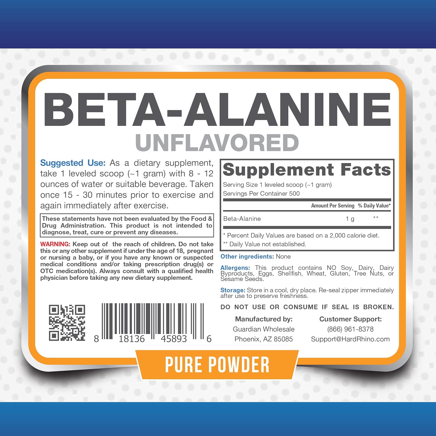 HR Supplements Beta-Alanine Powder, 500 Grams (1.1 Lbs), Unflavored, Lab-Tested, Scoop Included