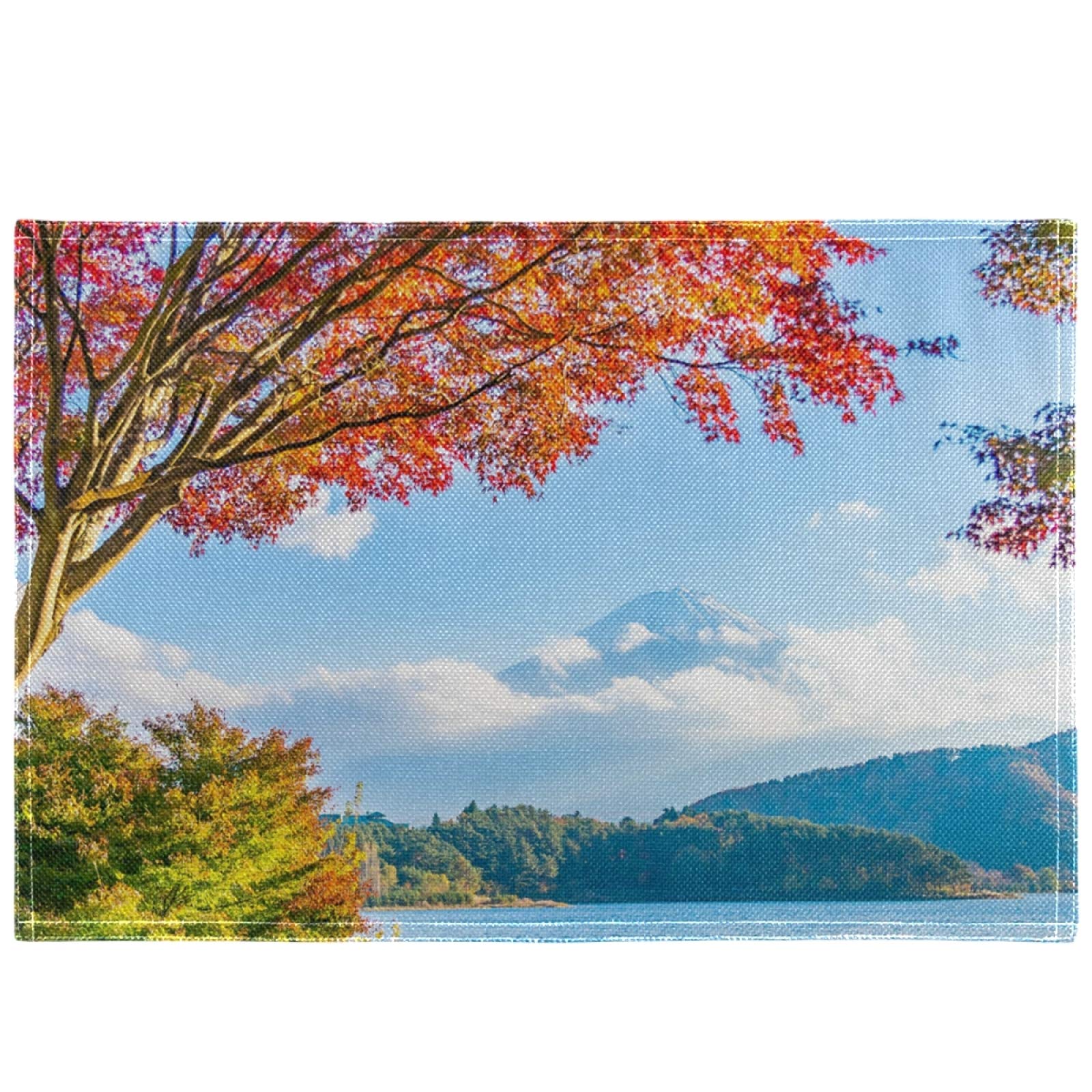 Oarencol Mountain Fuji Landscape Maple Leaf Tree Japan Placemat Table Mats Heat-Resistant Washable Clean Kitchen Place Mats for Dining Table Decoration 18" X 12"