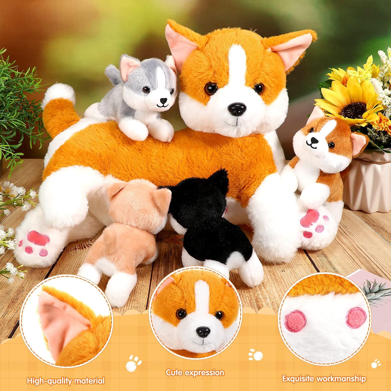 Honoson Nurturing Dog Mommy Plush Set with 4 Baby Puppies Soft Cute Dog Themed Stuffed Plush Toys for Kids Girls Boys Easter Birthday Gifts(Corgi) - Image 5
