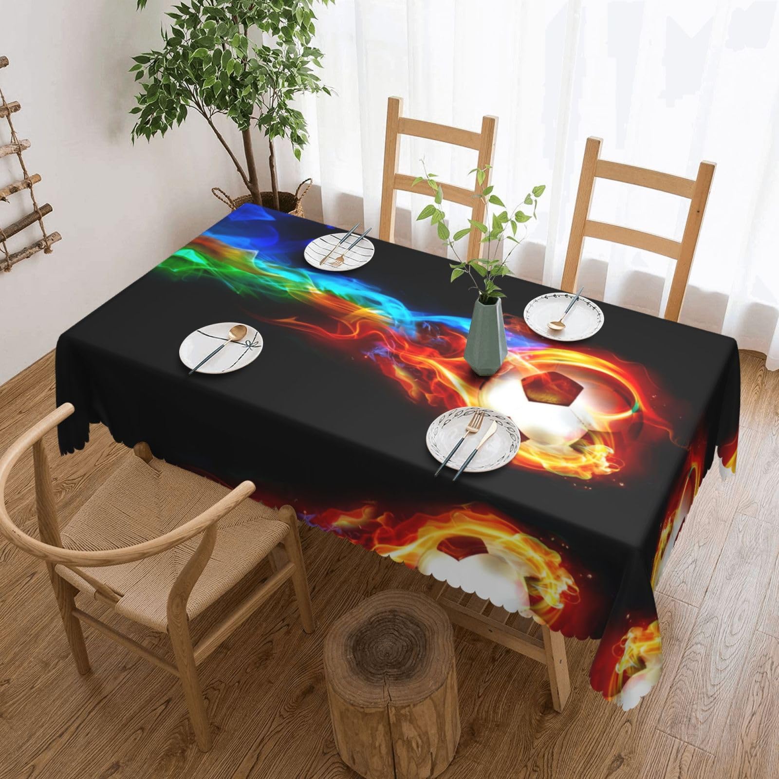 QAZWZML soccer Printed tablecloth, made of thick polyester with lace trim, suitable for dining rooms, picnics, and weddings