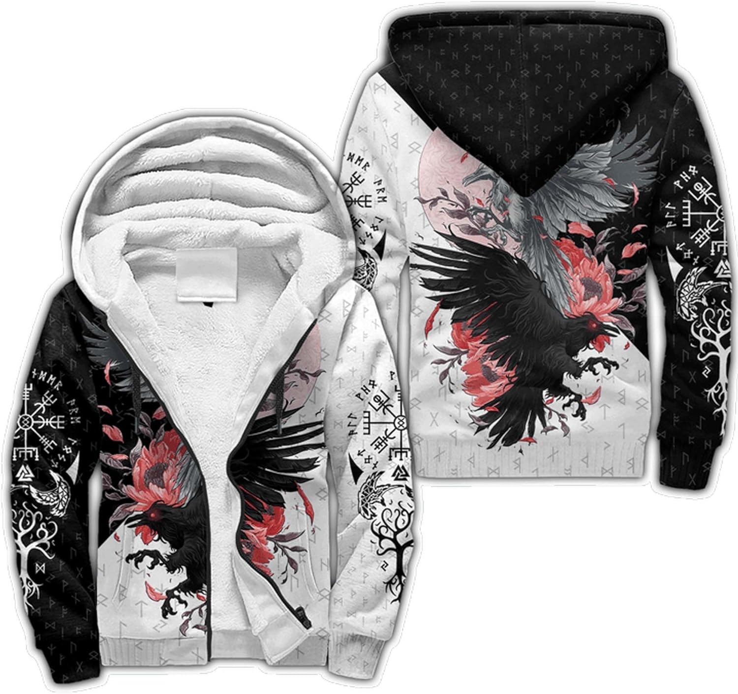 Viking Raven Tattoo Men's Winter Heavyweight Hoodie, Warm Faux Sherpa Hooded Cloak, Mid-Length Parka, Medieval Jacket Coat