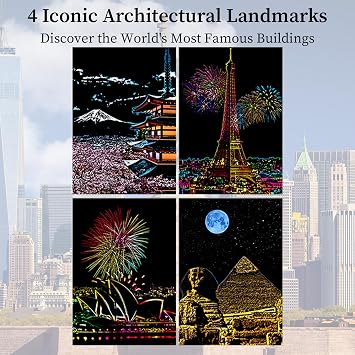 14 Pcs Scratch Art Set, 8 Sheets A4 City Series Night Scene Rainbow Engraving Painting, Landscape Scratchboard with Tools, Creative DIY Art Craft Gifts for Adults