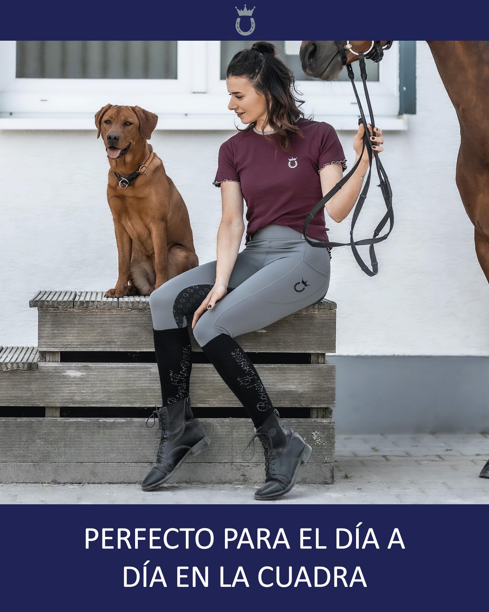 Royal Horsemen Pantalones de equitación para Mujer y niña - Cintura Alta - con Ribete Completo de Silicona - con Bolsillo para el móvil y Trabillas para el cinturón
