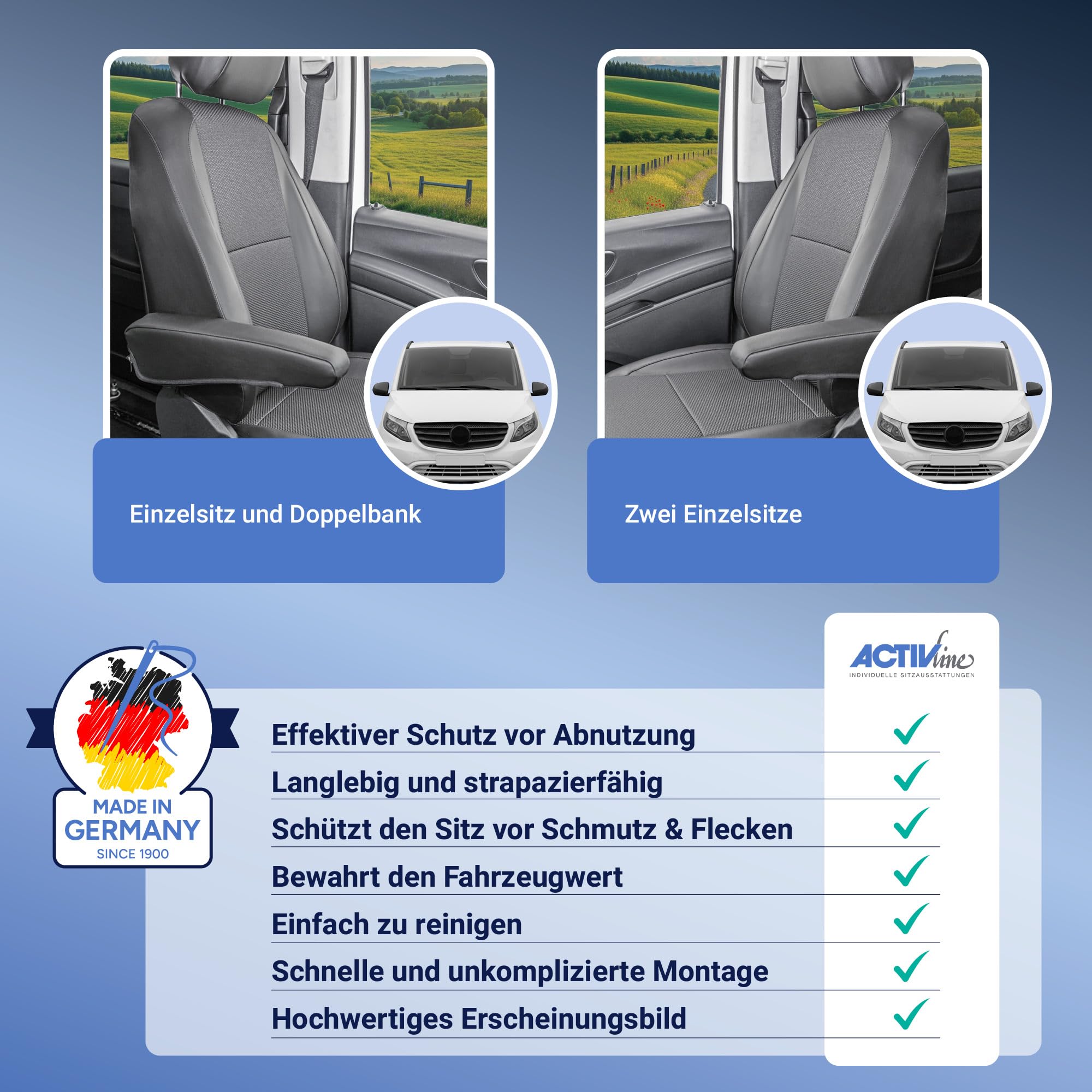Premium-Passform Schonsitzbezug kompatibel mit Mercedes-Benz Vito BR 447 ab 2014 – Set Fahrersitz & Beifahrersitz, mit Airbagfunktion, robuste Sitzbezüge in Schwarz – Made in Germany